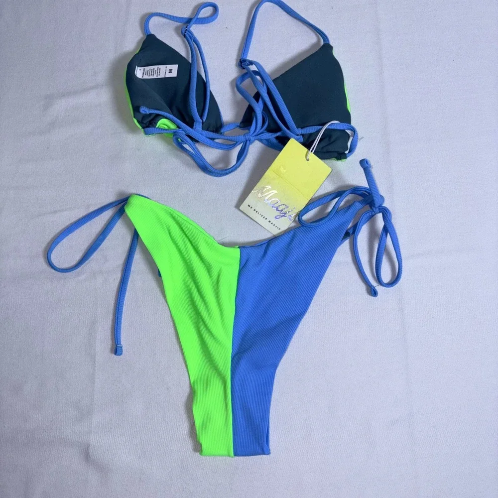 Maaji string tie up Bikini Set Medium Blue Neon Green NEW Ribbed Colorblock